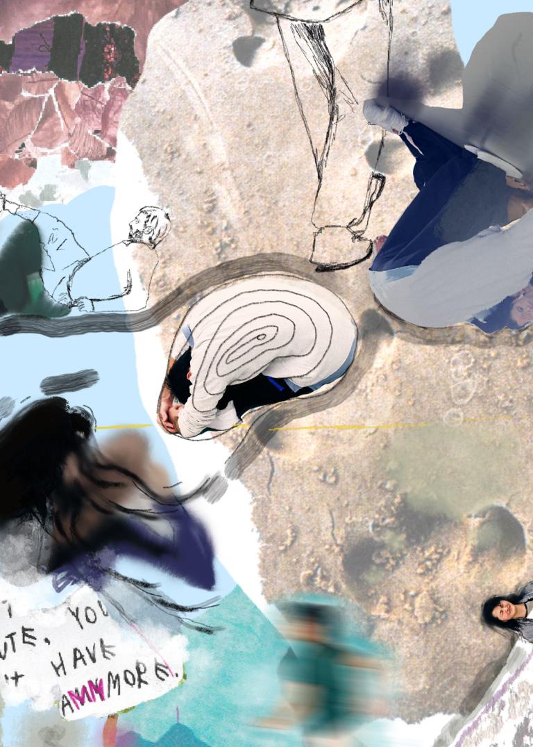 Ett collage av ljusa fält med olika texturer, skisser och bilder av personer. 