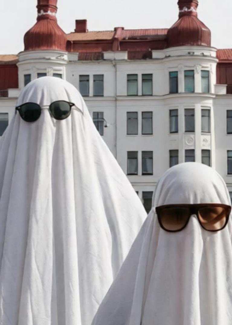 Två personer står på ett torg framför ett stort vitt lägenhetshus från 1800-talet. De har täckt sina huvuden med vita skynken och bär solglasögon.