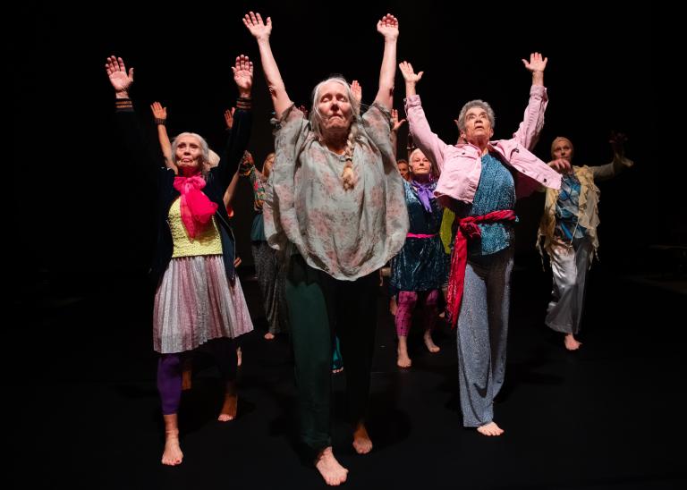 Tretton gästdansare över 60 år sträcker armarna upp i luften och tar steg tillsammans mot dig.