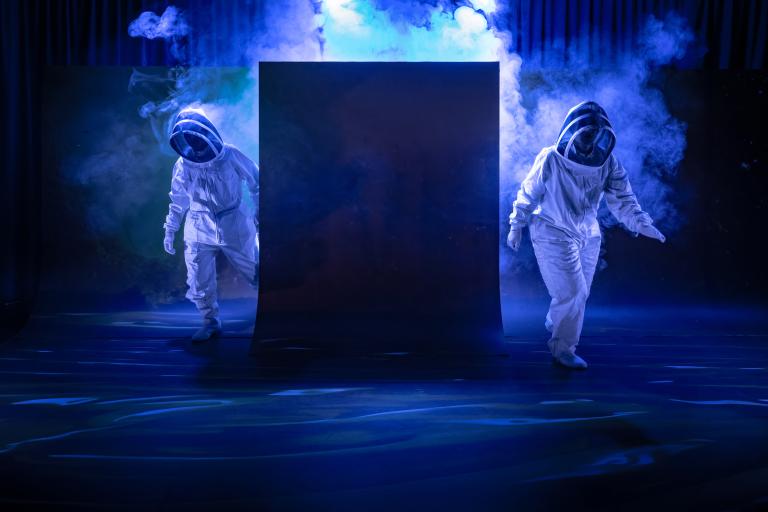 Två personer klädda i biodlarutrustning går ur ett stort rökmoln.