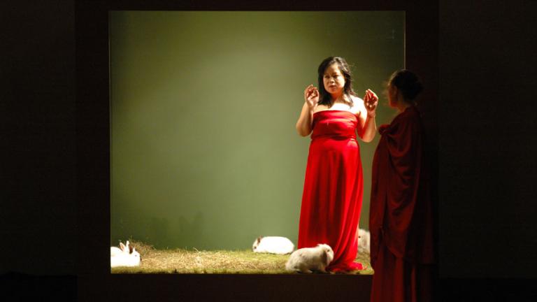 Konstnären Metai Suryodarmo står bakom glas klädd i en röd aftonklänning bland fyra vita kaniner.