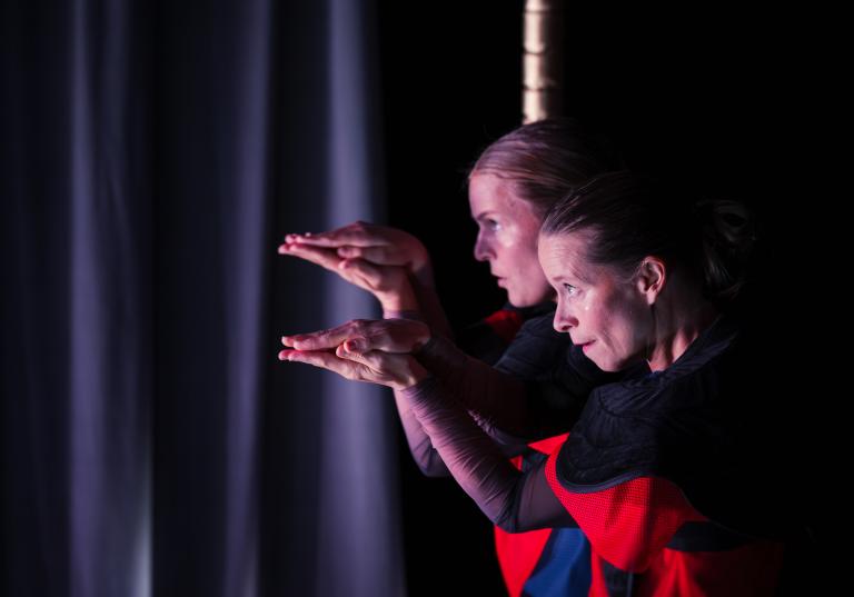 Två dansare står fokuserat i profil med händerna mot varandra som näbbar.