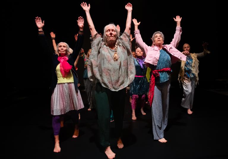 Tretton gästdansare över 60 år sträcker armarna upp i luften och tar steg tillsammans mot dig.