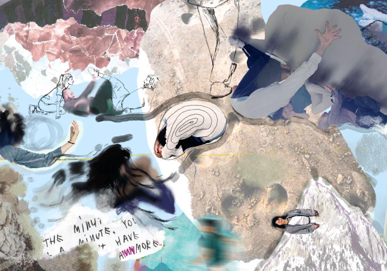 Ett collage av ljusa fält med olika texturer, skisser och bilder av personer. 