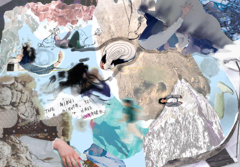 Ett collage av färg och textur, fotografier och teckningar.