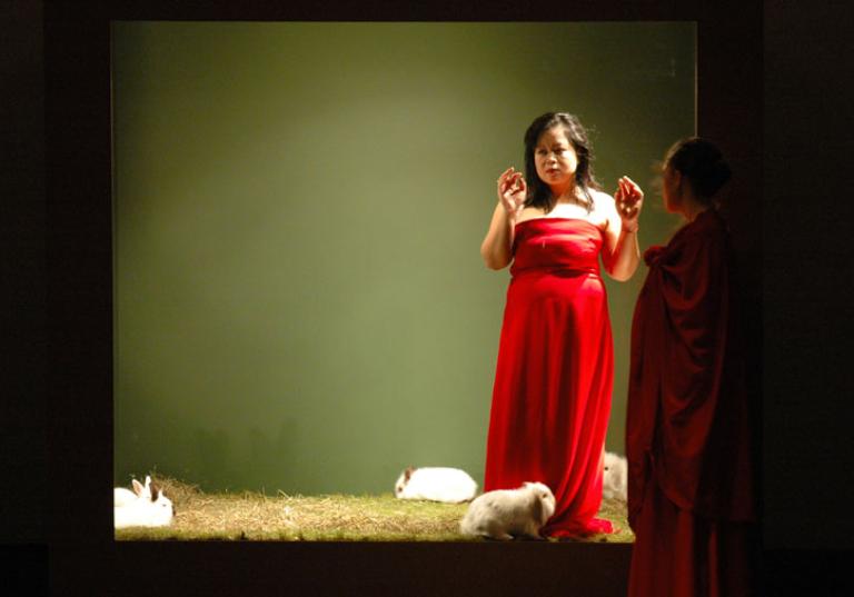 Konstnären Metai Suryodarmo står bakom glas klädd i en röd aftonklänning bland fyra vita kaniner.