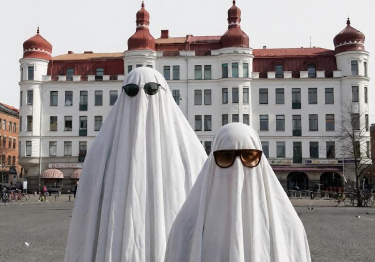 Två personer står på ett torg framför en stor vi byggnad från 1800-talet. De är övertäckta av vita skynken och bär solglasögon.